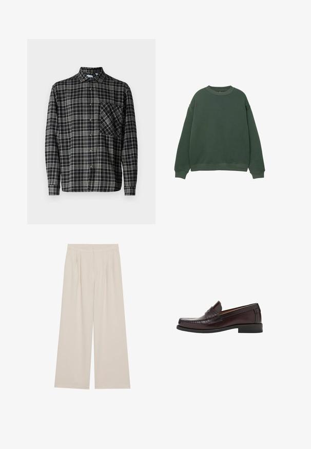 Mørkegrøn sweatshirt med rund hals, lange ærmer og ribbede manchetter. Fremstillet af et blødt, struktureret stof med et afslappet fit design.; Only & Sons ARCHER WASHES RELAXED - Skjorter - black; Beige brede bukser med flad front, folder og elastisk talje. Fremstillet af et let materiale med en glat overflade.; Brune læder loafers med rund tå, dekorativ syning på forsiden og en flad gummisål for støtte og holdbarhed.