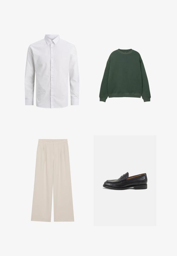 Dark green sweatshirt with a round neck, long sleeves, and ribbed cuffs. Made from a soft, textured fabric with a relaxed fit design.; Long-sleeve white dress shirt made from smooth cotton, featuring a classic collar and front button closure, with no patterns or accents.; Beige wide-leg trousers with a flat front, pleats, and an elastic waistband. Made from a lightweight fabric with a smooth texture.; Black leather loafers with a smooth finish, rounded toe, and decorative stitching on the vamp. Low stacked heel and slight shine.