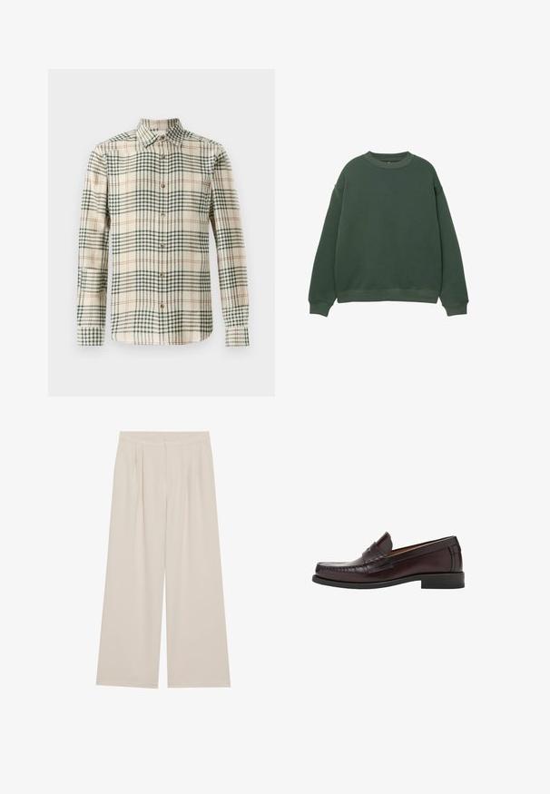 Hanorac verde închis cu guler rotund, mâneci lungi și manșete cu rigips. Fabricat dintr-un material moale, texturat, cu un design de potrivire lejer.; Cămașă cu nasturi de culoare bej, cu un model în carouri verzi și portocalii. Are mâneci lungi și un guler clasic. Confecționată dintr-un material texturat.; Pantaloni largi bej cu față plată, pliuri și bretele elastice. Construiți dintr-o țesătură ușoară, cu o textură netedă.; Loafers din piele brown, cu vârf rotund, cusături decorative în față și o talpă plată din cauciuc pentru susținere și durabilitate.