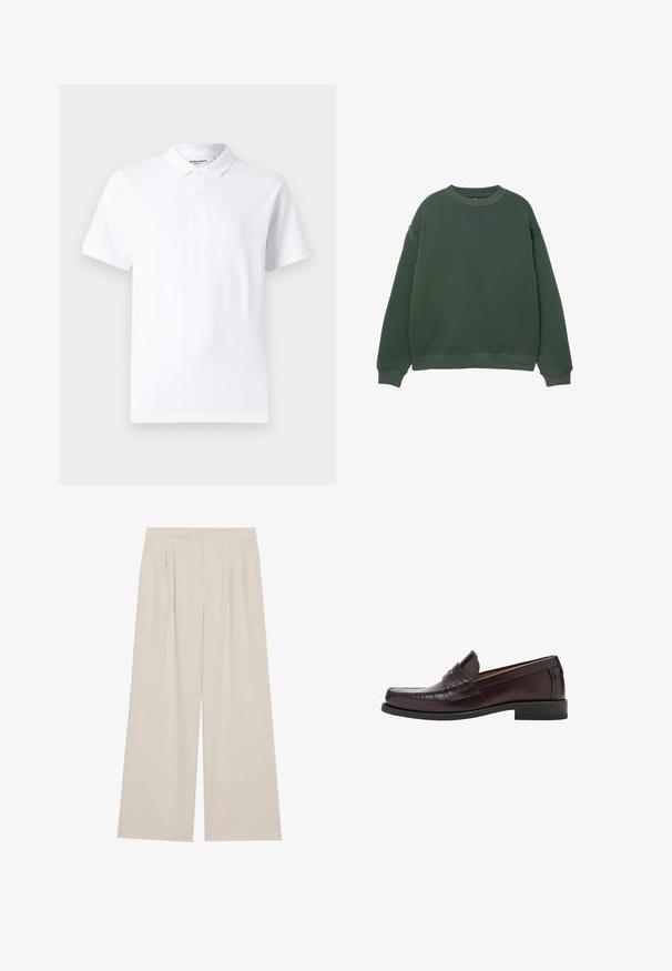 Donkergroen sweatshirt met een ronde hals, lange mouwen en geribde boorden. Gemaakt van een zachte, gestructureerde stof met een relaxte pasvorm.; Witte polo met een klassieke kraag, knoopsluiting met twee knopen, korte mouwen en een klein logo op de borst. Gemaakt van gladde stof.; Beige wijde pijpenbroek met een vlakke voorkant, plooien en een elastische tailleband. Gemaakt van een lichtgewicht stof met een gladde textuur.; Bruine leren instappers met een ronde neus, decoratieve stiksels aan de voorkant en een platte rubberen zool voor ondersteuning en duurzaamheid.