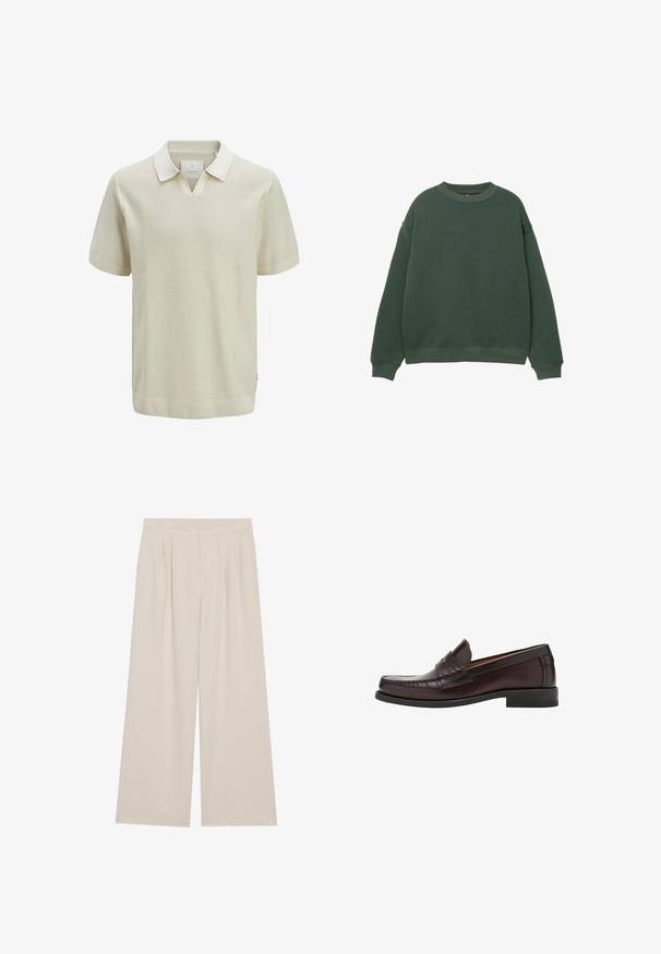 Tummanvihreä collegepaita, jossa on pyöreä kaula-aukko, pitkät hihat ja resorit. Valmistettu pehmeästä, tekstuuripinnasta, jossa on rento istuvuus.; Lyhythihainen beige polo-paita, jossa on tekstuuri neulekuvio, kontrastivärinen kaulus ja ribbireunat. Paitassa on v-kaula-aukko ja sivusaumakoristeet.; beige levelevi treggingsit, me pjesë të sheshta përpara, harkime dhe brez elastiç. E bërë nga një pëlhurë të lehtë me një teksturë të lëmuar.; Ruske nahkasaapad ümarate varvastega, esiküljel dekoratiivne tikand ja lapik kummitald toetuse ja vastupidavuse tagamiseks.