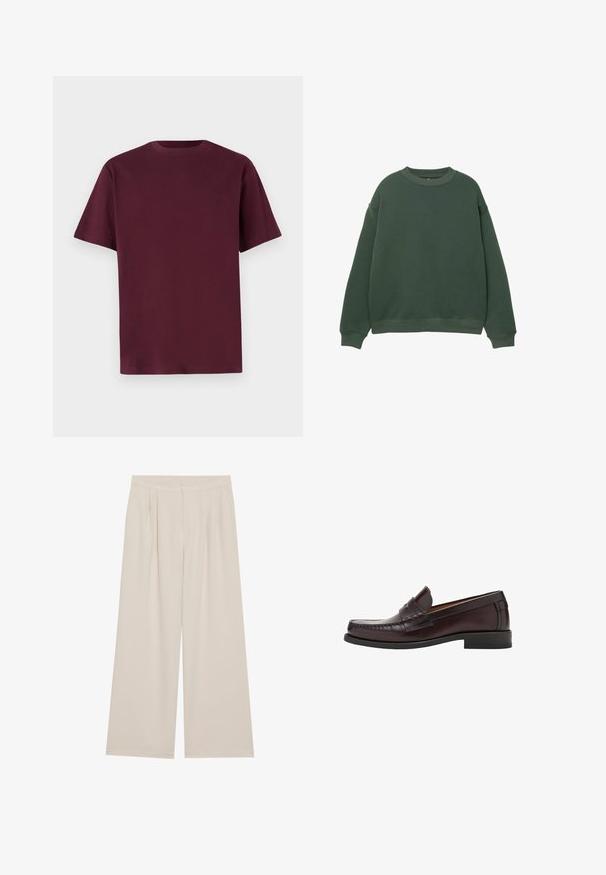 Donkergroen sweatshirt met een ronde hals, lange mouwen en geribde boorden. Gemaakt van een zachte, gestructureerde stof met een relaxte pasvorm.; Bordeaux katoenen t-shirt met korte mouwen, ronde hals en een gladde textuur. Eenvoudig ontwerp zonder patronen of extra details.; Beige wijde pijpenbroek met een vlakke voorkant, plooien en een elastische tailleband. Gemaakt van een lichtgewicht stof met een gladde textuur.; Bruine leren instappers met een ronde neus, decoratieve stiksels aan de voorkant en een platte rubberen zool voor ondersteuning en duurzaamheid.