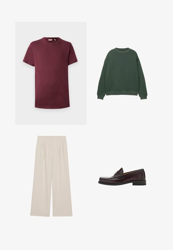 Temno zelena majica s kapuco, krojena s krogim izrezom, dolgimi rokavi in rebrastimi manšetami. Narejena iz mehke, teksturirane tkanine z ohlapnim krojem.; Bordo majica s kratkimi rokavi, okroglo izrezana, izdelana iz mehkega bombaža, klasičnega kroja, z ravnim robom, brez vzorcev in kovinskih detajlov.; Bež hlače širokih nogavic z ravnim sprednjim delom, naborki in elastičnim pasom. Narejene iz lahkega materiala z gladko teksturo.; Rjave usnjene loafer čevlje zaokroženih prstov, dekorativni šiv na sprednji strani in ravno gumijasto podplat za podporo in vzdržljivost.