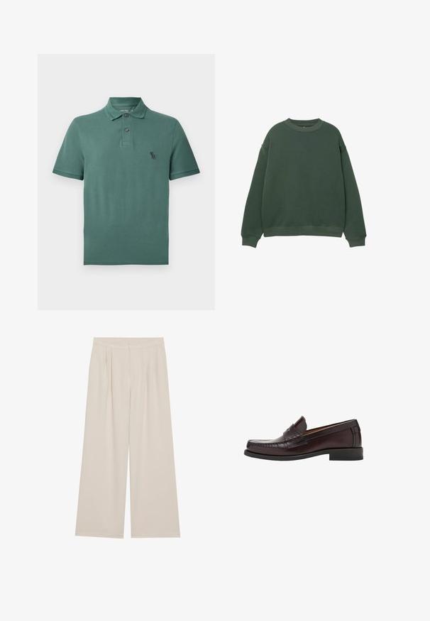 Tmavozelená mikina s okrúhlym výstrihom, dlhými rukávmi a rebrovanými manžetami. Vyrobená z mäkkej, textúrovanej látky s voľným strihom.; Zelená bavlnená polokošeľa s golierom, dvoma gombíkmi a malým čiernym logom na hrudi. Krátke rukávy a rovný lem.; Béžové nohavice s širokými nohavicami, plochým predným dielom, zaťahovacími záhybmi a elastickým pásom. Vyrobené z ľahkého materiálu s hladkou textúrou.; Hnedé kožené mokasíny s okrúhlou špičkou, dekoratívnym prešívaním vpredu a plochou gumovou podrážkou pre podporu a odolnosť.