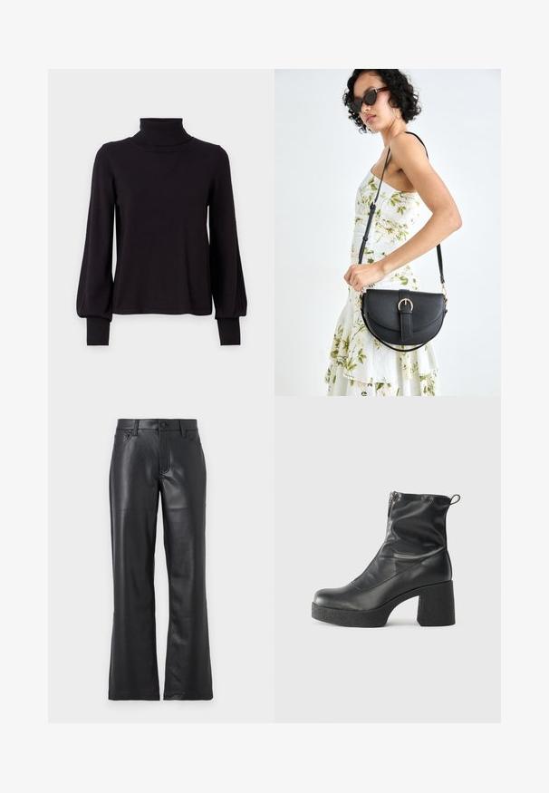 VILA VIAMANDA TURTLE NECK - Camisola - black; Calças de couro pretas com um design boca de sino, apresentando bolsos frontais, passantes para cinto e um fecho de botão. Textura lisa com costuras visíveis.; Botas de tornozelo pretas feitas de couro liso, com fecho lateral, salto grosso texturizado e design de bico arredondado.; Bolsa de couro preta com forma curva, alça destacável e detalhes em dourado. A bolsa possui uma aba com detalhe de fivela.