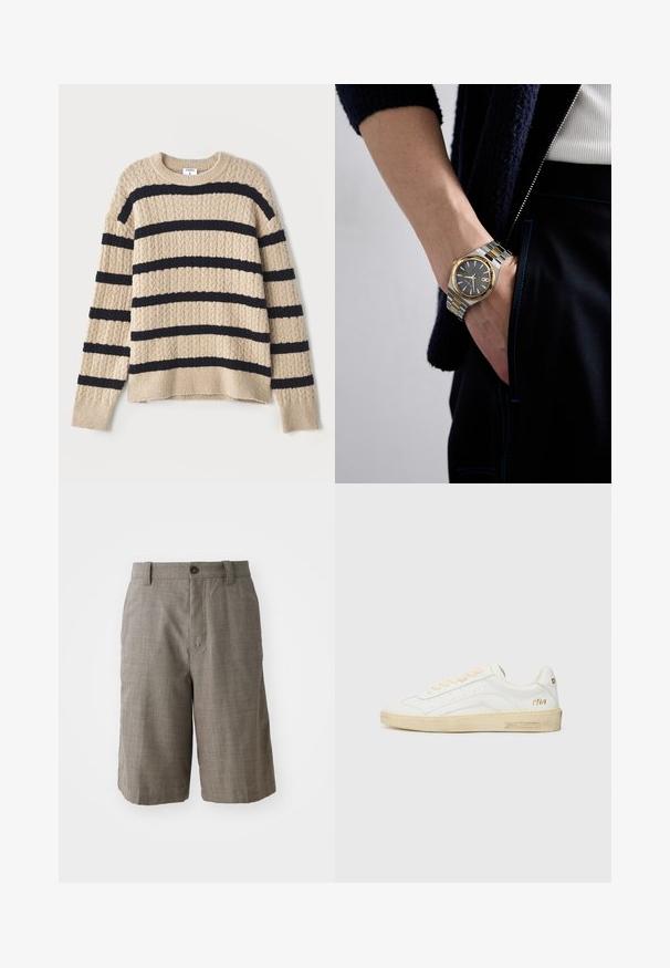 Beige knitted sweater with dark navy horizontal stripes, featuring a textured pattern and ribbed cuffs. Round neckline and relaxed fit.; Gray plaid shorts with a tailored design, featuring a front button closure and two side pockets. Made from textured fabric.; White leather sneaker with beige laces, off-white rubber sole, and subtle perforations. Features gold text "1964" and branding on the heel.; Silver and gold watch with a round face, dark dial, and gold accents; features a metal band with brushed and polished finishes.