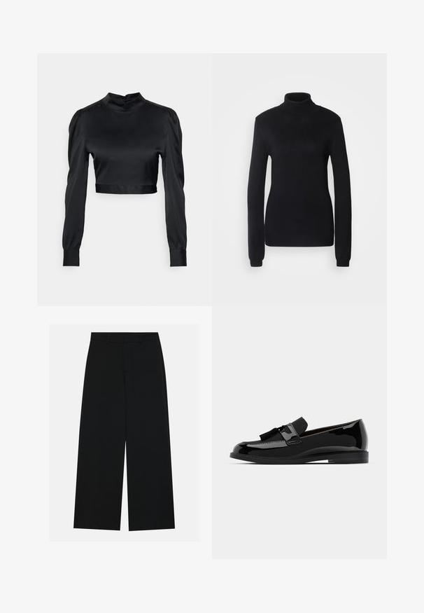 Suéter de gola alta preto feito de um tecido de malha suave, com mangas longas e uma silhueta ajustada, apresentando um colarinho e bainha canelados.; Top cropped preto em satin com gola alta, mangas longas e detalhes de ombros franzidos. Textura suave e silhueta justa.; Calças pretas de perna larga feitas de um tecido suave. Apresentam uma cintura plana com passantes para cinto e sem bolsos visíveis. Design simples.; Mocassins pretos em couro verniz com salto baixo, apresentando um detalhe em franja e superfície lisa, desenhados com um bico arredondado e costura subtil.