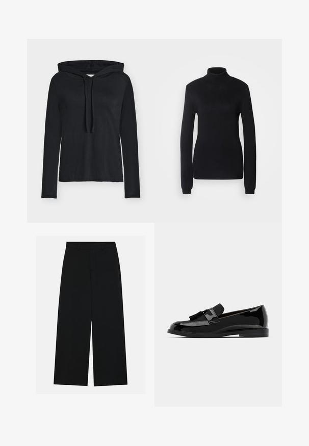 Black turtleneck sweater made from a soft knit fabric, featuring long sleeves and a fitted silhouette with a ribbed collar and hem.; Black long-sleeve hoodie made of soft fabric, featuring a drawstring at the neck and a relaxed fit. Simple, minimalistic design.; Wide-leg black trousers made of a smooth fabric. Features a flat waistband with belt loops and no visible pockets. Simple design.; Black patent leather loafers with a flat heel, featuring a tassel accent and smooth surface, designed with a rounded toe and subtle stitching.