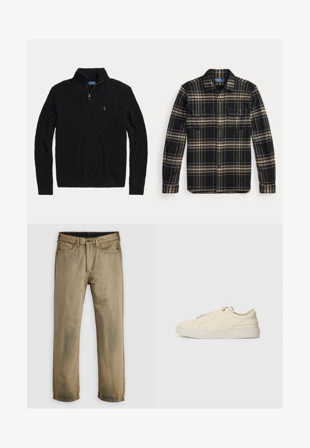 Maglione nero a maglia con colletto a mezza zip, polsini a coste e un piccolo logo ricamato sul petto. Realizzato in materiale testurizzato.; Camicia di flanella a quadri neri e marroni con maniche lunghe, due tasche sul petto e chiusura con bottoni, caratterizzata da una texture morbida e motivi a contrasto.; Jeans beige a gamba dritta con cinque tasche, chiusura a bottoni e passanti per cintura, distesi su uno sfondo bianco.; Sneaker in pelle beige con punta arrotondata, design minimalista, dettagli di cucitura sottili e una parte superiore testurizzata, su una suola chiara.