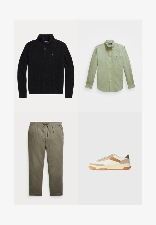 Svart kabelstrikket genser med halv-zip krage, ribbestrikkede mansjetter og en liten brodert logo på brystet. Laget av teksturert materiale.; Lys grønn langermet skjorte med knapper, som har en spiss krage, et lite brodert logo på brystet og perleknapper.; Olivengrønne bukser lavet af letvægtsstof, med elastisk talje med snøre, sidelommer og tapered ben design.; Sneakers i beige, krem og oliven grønn, med semsket skinn og lærmaterialer, rund tå, minimalistisk design og gummisåle.