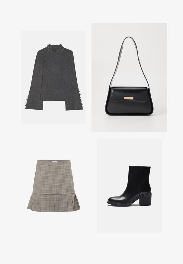 Grå ribbet langærmet top med høj krave og dekorative nitter, åbne ærmer med knapdetaljer og lige snit.; Grå ternet nederdel med en udvidet kant, der har et subtilt plisseret design og en tætsiddende talje. Fremstillet af letvægtsstof.; Sort læder ankelstøvle med afrundede tår og blokhæl. Glat tekstur, rene linjer og minimal syning.; Sorte læderhåndtaske med en struktureret trekantet form, slank rem og hardware i guldtonet, der har en logo-plade på frontklappen.