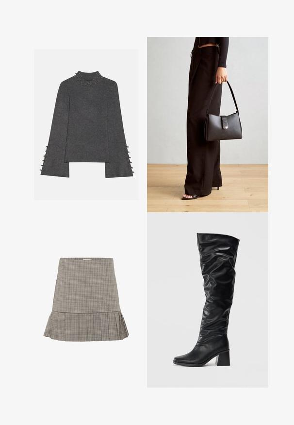 Grå ribbet langærmet top med høj krave og dekorative nitter, åbne ærmer med knapdetaljer og lige snit.; Grå ternet nederdel med en udvidet kant, der har et subtilt plisseret design og en tætsiddende talje. Fremstillet af letvægtsstof.; Sorte knæhøje støvler lavet af blank læder med et afslappet design, spidse tæer og en kraftig blokhæl. Glat tekstur med subtil glans.; Sort håndtaske med struktureret form, glat overflade og metalspænde. Sammen med brede sorte bukser og sandaler med åben tå på trægulv.