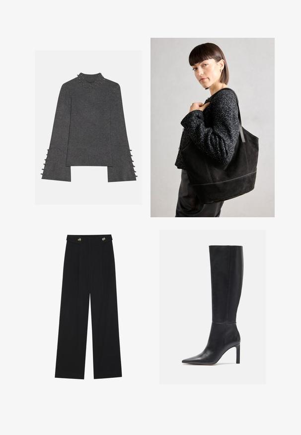 Pelēks ribots garām piedurknēm tops ar augstu apkakli, rotātu ar dekoratīviem studiem, atvērtām piedurknēm ar pogu akcentiem un taisnu griezumu.; Melnas platās bikses ar augstu jostasvietu, pogu detaļām uz jostas un priekšējām krokām.; Līdz ceļgam melni ādas stiletto zābaki ar smailu purngalu un gludu tekstūru, ar elegantu dizainu un minimālu šuvju detaļu.; Melnas zamšādas somiņa ar gludu tekstūru, strukturētu formu un kontrastējošu šuvumu. Aprīkota ar garām siksnām pleca nēsāšanai.