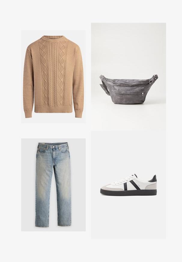 Bežinė megzta palaidinė su tekstūruotais raštais. Yra apvalus iškirpimas, smulkiai raizgotos rankovės ir įvairūs kabeliniai raštai priekyje.; Šviesiai mėlyni džinsai su tiesia kojų forma, penkių kišenių stiliumi ir matomomis siūlėmis. Išblukusi skalbimo spalva ir vario detalės.; Balti sportbačiai su juodais ir pilkais akcentais, pasižymintys tekstūruotu pilku pirštų dangteliu, juoda gumine padais ir plokščiomis baltomis raišteliais. Švarus dizainas, minimalistinis stilius.; Pilkas suedes fanny pack'as apvalios formos, su dviem užtraukiamais skyreliais ir reguliuojama diržele. Yra metaliniai aksesuarai.