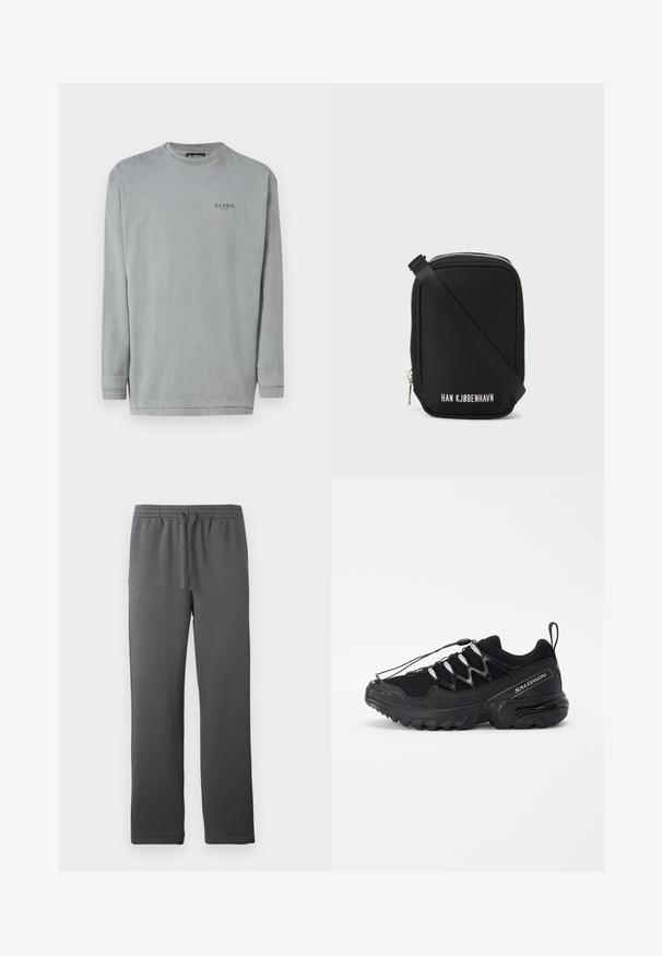 Siva majica dugih rukava od pamuka. Ima okrugli izrez i mali print "SILENCE" na prsima u tamnosivoj boji. Glatka tekstura.; Sive sportske hlače s elastičnim pojasom, vezicom i glatkom teksturom. Imaju ravne nogavice i bez vidljivih džepova.; Crne tenisice za trčanje s mrežastim gornjim dijelom, reflektirajućim detaljima i elastičnim vezicama. Opremljene su čvrstim potplatom s uzorcima protiv klizanja za stabilnost.; Crna torba pravokutnog oblika, izrađena od glatkog materijala. Ima gornji zatvarač, podesivu naramenicu i bijeli natpis: "HAN KJØBENHAVN."