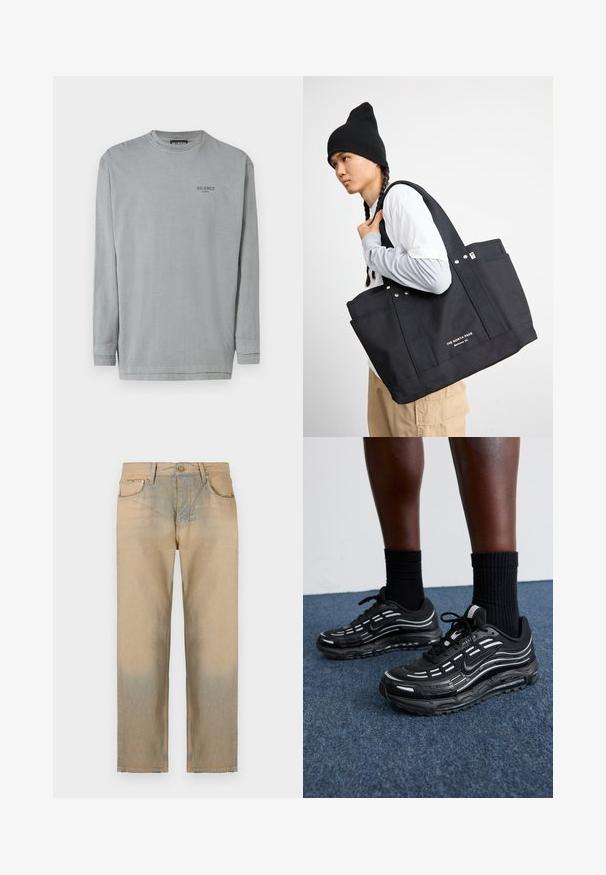 Harmaa pitkähihainen paita, joka on valmistettu puuvillasta. Ominaisuuksiin kuuluu pyöreä kaula-aukko ja pieni "SILENCE"-painatus rinnassa tummalla harmaalla. Sujuva tekstuuri.; Beige farkkulahkeilla suora malli, jossa on haalistu vaikutus alaosassa, viisi taskua ja napitus.; Mustat Nike-kengät, joissa on verkkomateriaali ja korostetut raidat, teksturoitu nauhoitus ja musta kumipohja. Yhdistetty mustiin ribbikurottimiin.; Musta kangaskassi kahdella tukevalla kahvalla, jossa on metallikoristeita ja etutaskuja. Brändäys on näkyvissä valkoisella tekstillä alareunassa.