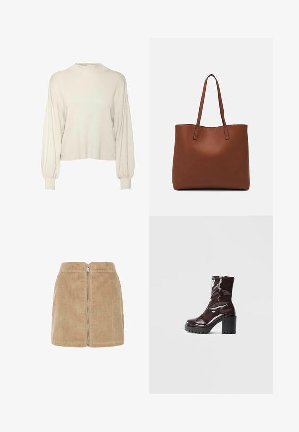 Krem bijeli, skraćeni pulover s rebrastom teksturom, dugim puf rukavima i visokim izrezom. Mekani materijal s opuštenim krojem.; Bež mini suknja od kordura, s vertikalnom rebrastom teksturom, visokim strukom i prednjim patentnim zatvaračem. Jednostavan dizajn s čistim linijama.; Sjajna burgundska čizma do gležnja s debelim crnim potplatom, koja se odlikuje glatkom teksturom i jednostavnim dizajnom. Nema vidljivih kopčanja ili uzoraka.; Smeđa kožna torba preko ramena s glatkom teksturom, otvorenim vrhom i dvjema naramenicama. Ima minimalne šavove i nema vidljivog hardvera.