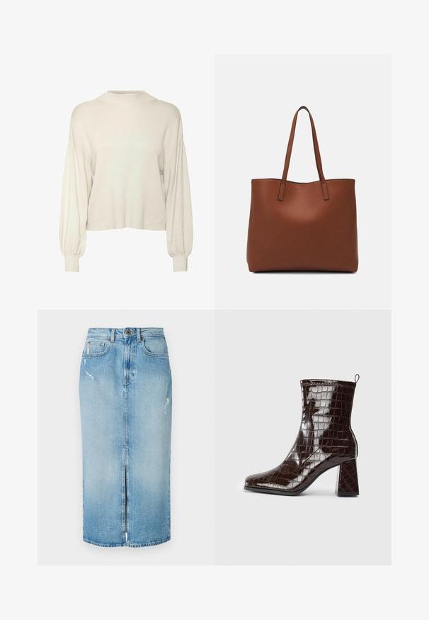 Kreemikas, lühike sviiter ribikujundusega, pikkade puffvarrukatega ja kõrge kaelusega. Pehme kangas ja vabalt liibuva soe mudel.; Hele sinises denim midi-seeliku esiosa lõhega, pleekinud tekstuuriga ja kulunud detailidega. Omab vöökumme ja lukuga esikinnitust.; Tumepruun patendiga nahast pahkluu saabas krokodillimustriga, plokknäppa ja tõmbluku nupuga taga, valge tausta ees.; Pruun nahast tote-kott, millel on sile tekstuur, avatud ülaosa disain ja kaks õlarihma. Omab minimaalset õmblust ja nähtavat riistvara ei ole.