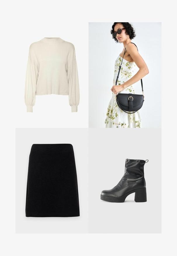 Kreemikas, lühike sviiter ribikujundusega, pikkade puffvarrukatega ja kõrge kaelusega. Pehme kangas ja vabalt liibuva soe mudel.; Musthave must Kleid, mis on valmistatud pehmest kangast, sirge lõikega ja viimistleme vöökohaga, ilma nähtavate kinnihoidjate või mustriteta.; Mustad mustad ansapüksid, mis on valmistatud siledast nahast, külje zipperiga, paksu tekstuuriga kontsaga ja ümmarguse nina disainiga.; Mustmust mustraha kõverate joontega, eemaldatava rihmaga ja kuldsete detailidega. Kotil on klapp, millel on pandladetail.