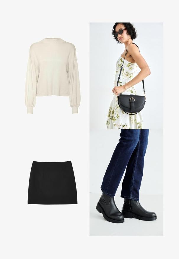 Cremefarbener, verkürzter Pullover mit geripptem Muster, langen Puffärmeln und hohem Kragen. Weicher Stoff mit lockerer Passform.; Schwarzer Minirock aus glattem Stoff, mit Falten vorne, geradem Schnitt und ohne zusätzliche Muster oder Akzente.; Schwarze Lederstiefeletten mit einer dicken Sohle und seitlichen Elastikeinsätzen, kombiniert mit dunkelblauen Jeans. Der Boden ist hellfarbig.; Schwarze Lederhandtasche mit geschwungener Form, abnehmbarem Tragegurt und goldenen Beschlägen. Die Tasche verfügt über einen Deckel mit einer Schnallen-Details.