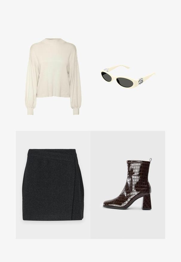Suéter cortado color blanco roto, con textura acanalada, mangas largas abullonadas y un escote alto. Tejido suave con un ajuste relajado.; Falda negra de patrón espiga con diseño envolvente, que presenta un acabado limpio y una tela texturizada. Largo hasta medio muslo.; Botín de tobillo de charol marrón oscuro con textura de cocodrilo, tacón cuadrado y asa en la parte posterior, sobre fondo blanco.; Gafas de sol color crema con lentes ovalados, tinte negro y acentos metálicos con logotipo en las patillas. Textura suave, diseño de ojo de gato.; Bolso tote negro hecho de material sintético texturizado con una silueta amplia, que presenta dos asas y un detalle de colgante de marca.