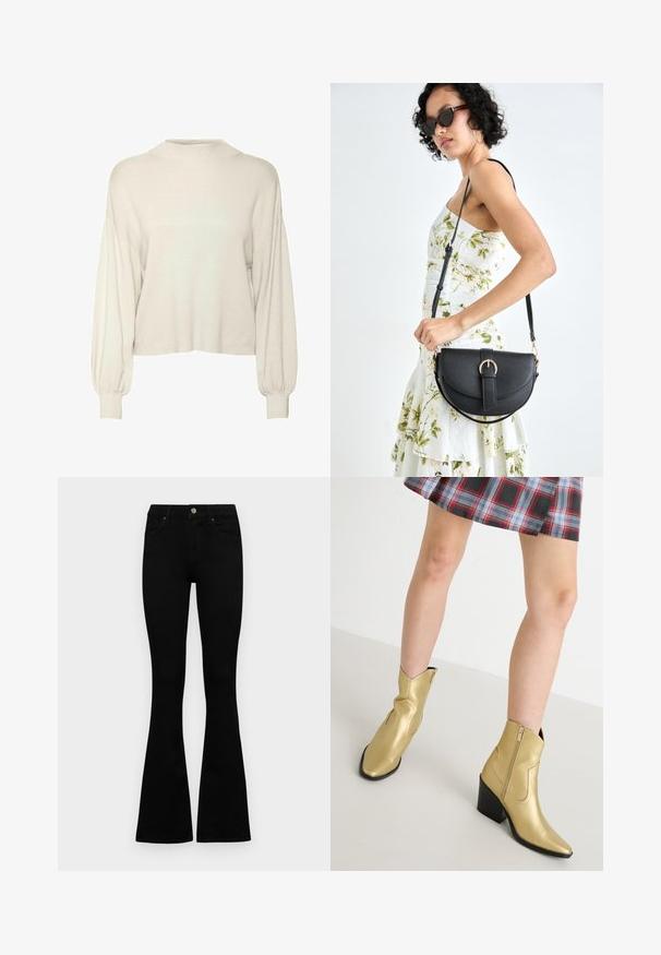 Sweter w kolorze off-white, skrócony, z prążkowaną teksturą, długimi bufiastymi rękawami i wysokim dekoltem. Wykonany z miękkiego materiału, o luźnym kroju.; Czarne, wysokie dżinsy z guzikem i zamkiem błyskawicznym, z przednimi kieszeniami i rozszerzanymi nogawkami, leżące płasko na białym tle.; Złote metaliczne botki za kostkę z ostrymi noskami, zamek błyskawiczny i blokowy obcas. Gładka tekstura z przeszywanymi akcentami oraz klasyczny kształt.; Czarna skórzana torebka o zakrzywionym kształcie, z odpinanym paskiem i złotymi akcentami. Torebka posiada klapę z zapięciem w kształcie klamry.