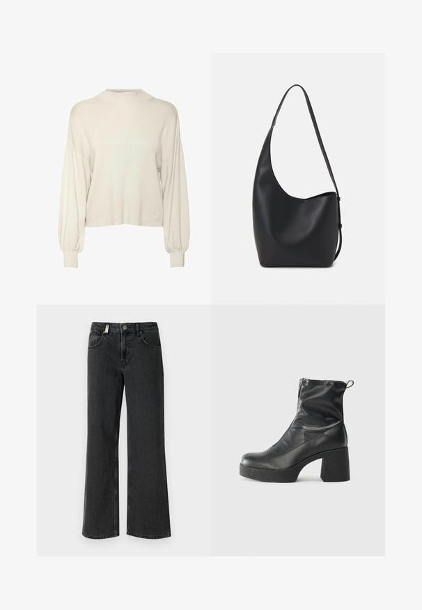 Sweter w kolorze off-white, skrócony, z prążkowaną teksturą, długimi bufiastymi rękawami i wysokim dekoltem. Wykonany z miękkiego materiału, o luźnym kroju.; Czarne dżinsy o szerokich nogawkach z średnim stanem, dwiema przednimi kieszeniami i kontrastowym przeszyciem na gładkiej teksturze materiału.; Czarne botki za kostkę wykonane z gładkiej skóry, wyposażone w boczny zamek błyskawiczny, masywny teksturowany obcas oraz zaokrąglony czubek.; Czarna skórzana torba hobo o gładkiej fakturze, zaokrąglonym kształcie i pojedynczym, regulowanym pasku; posiada szerokie otwarcie na górze.