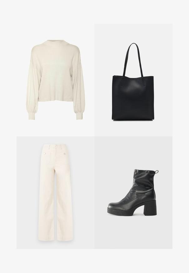 Krem bijeli, skraćeni pulover s rebrastom teksturom, dugim puf rukavima i visokim izrezom. Mekani materijal s opuštenim krojem.; Široke hlače od slonovače u pamuku. Imaju visoki struk, dva stražnja džepa s metalnim gumbima i čistu, glatku teksturu.; Crne gležnjače od glatke kože, s bočnim zatvaračem, debelim teksturiranim potplatom i dizajnom s zaobljenim prstima.; Crna kožna torba za nošenje s glatkom teksturom, pravokutnim oblikom i dvije duge ručke. Nema vidljivih metalnih dijelova ili ukrasa.