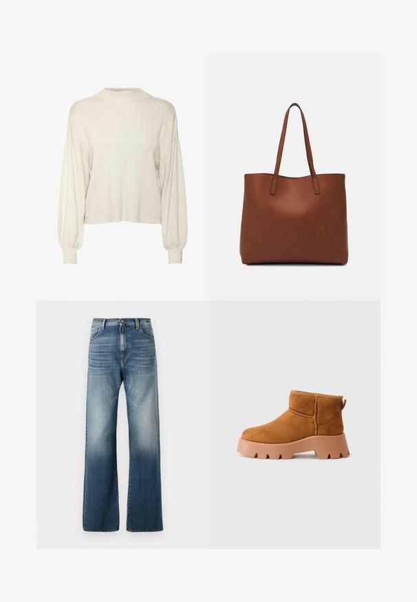 Krem bijeli, skraćeni pulover s rebrastom teksturom, dugim puf rukavima i visokim izrezom. Mekani materijal s opuštenim krojem.; Široke plave traperice s izblijedjelim finišem, s dugmetom za zatvaranje i klasičnim dizajnom od pet džepova. Glatka tekstura kroz cijeli materijal.; Smeđe nubuk čizme do gležnja s okruglim vrhom, teksturiranim smešnim đonom i uhvatom za povlačenje. Imaju šav sa štepom i dizajn debele platforme.; Smeđa kožna torba preko ramena s glatkom teksturom, otvorenim vrhom i dvjema naramenicama. Ima minimalne šavove i nema vidljivog hardvera.