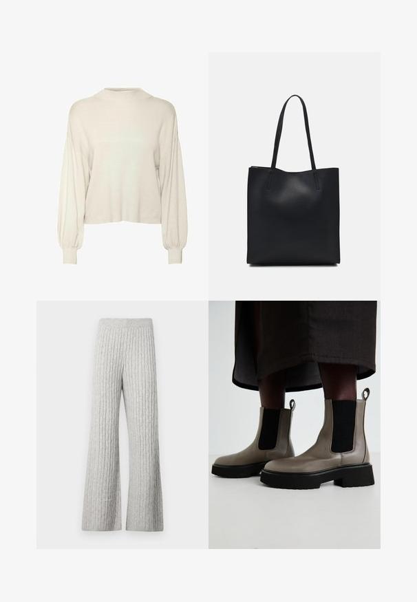 Kreemikas, lühike sviiter ribikujundusega, pikkade puffvarrukatega ja kõrge kaelusega. Pehme kangas ja vabalt liibuva soe mudel.; Halljad soonikud laiad püksid, millel on tekstureeritud muster ja elastne vöökoht, pehme kangasteguga.; Hallide hallukad, mis on valmistatud tekstuursest nahast, millel on elastsed külgpaneelid ja massiivne must tald. Omab tõmblukke mugavaks selga panemiseks.; Mustast nahast kott sujuva tekstuuriga, ristkülikukujuline ja kahe pika sangaga. Pole nähtavat riistvara ega kaunistusi.