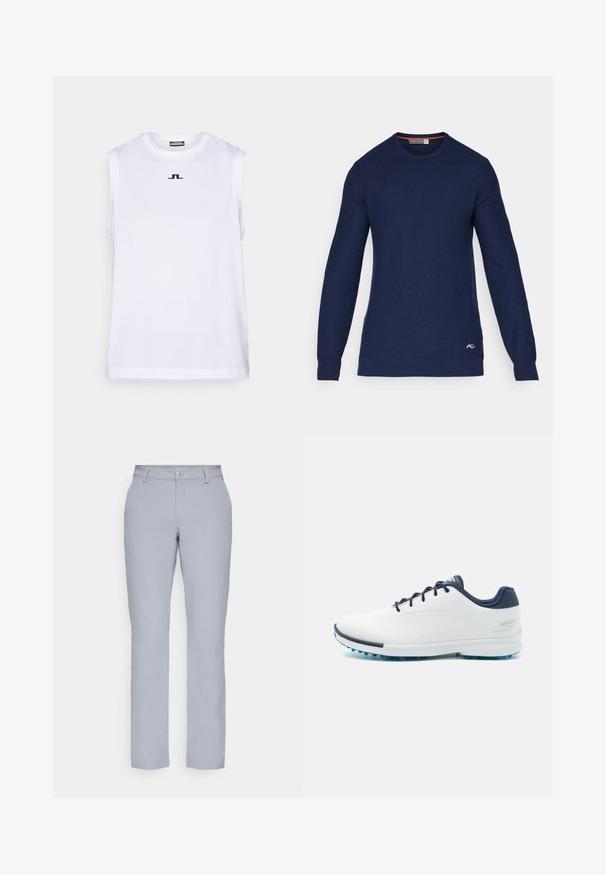 Námořnická modrá svetr s kulatým výstřihem vyrobený z pleteného materiálu, s dlouhými rukávy a malým logem na dolním pravém předním díle.; Bílý bezrukávový top vyrobený z hladkého materiálu, s oble zakončeným výstřihem a malým černým logem uprostřed. Design je jednoduchý a čistý.; Světle šedé kalhoty s rovným střihem, zapínáním na knoflík, předními kapsami a hladkým, texturovaným materiálem. Minimalistický design, bez vzorů.; Bílé sportovní boty s hladkým syntetickým svrškem, modrými akcenty, texturovanou tmavě modrou patou a lehkou, hřebenovou podešví pro lepší přilnavost.