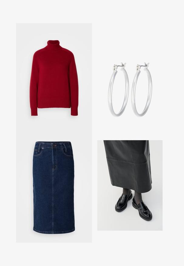 Punane kõrge kaelusega kampsun ribadega mansettide ja alumise serva, valminud pehmest kudumaterjalist, omades mugavat lõiget ja silmapaistvaid õmblusi.; Tumed sinine denim midi seelik, otsekohase lõikega, ees taskud ja eristuv oranž õmblus. Sile tekstuur minimaalsete üksikasjadega.; Mustad nahast loafertossud sileda pinnaga, dekoratiivse rihma, ümarate varvaste ja tekstuuriga tallaga. Kanda pikkade mustade nahkseelikutega.; Hõbedased rõngaskõrvarõngad, millel on sile, läikiv viimistlus. Ümmargune kuju ja turvaline klõpsulatus. Kerge disain, sobib igapäevaseks kandmiseks.