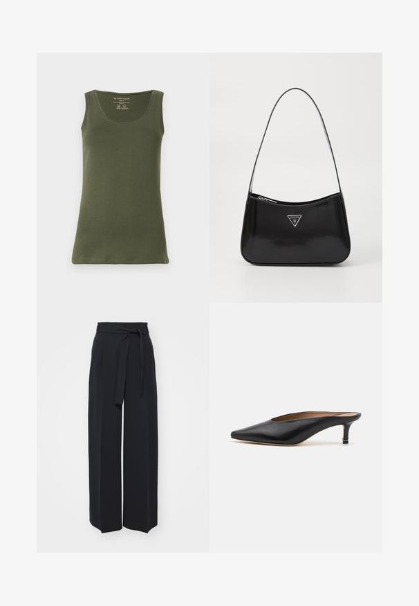 Donkergroene lange mouwen gebreide trui met een hoge hals en een relaxte pasvorm, weergegeven tegen een eenvoudige lichte achtergrond.; Olijfgroene, mouwloze tanktop gemaakt van zachte katoenjersey. Heeft een ronde halslijn en een rechte zoom, met een casual ontwerp.; Zwarte wijde broek van zachte stof. Voorzien van een ceintuur en plooien aan de voorkant. Glad textuur met een strakke, hedendaagse stijl.; Zwarte leren muiltjes met een puntige neus en een lage, blokhak. Glad oppervlak met een gestroomlijnd ontwerp. Open achterkant met minimale details.; Zwarte lakleren schoudertas met een gebogen vorm, voorzien van een zilveren driehoeklogo en een ritssluiting. Gladde textuur en slanke schouderband.