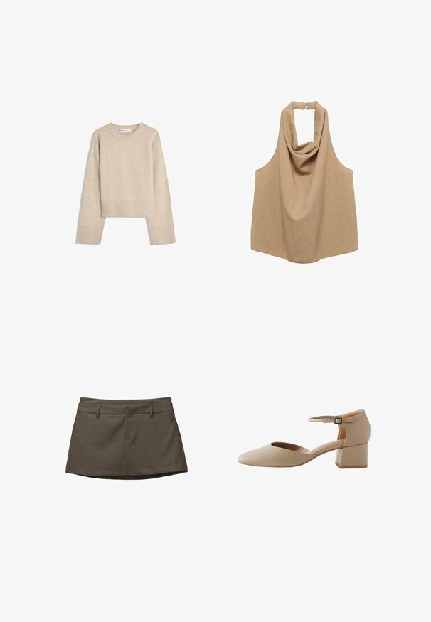 Beige Cropped-Pullover aus weichem Strickmaterial. Er hat einen runden Ausschnitt, lange Ärmel sowie gerippte Bündchen und Saum für zusätzliche Textur.; Beige ärmelloser Haltertop mit einem drapierten Ausschnitt und einer Rückenknoten-Verschluss, aus einem leichten, strukturierten Stoff.; Brauner Rock mit maßgeschneidertem Design, ausgestattet mit Gürtelschlaufen, zwei Fronttaschen und einem strukturierten Stoff. Der Saum ist leicht rund.; Beige Leder-Ankelriemenschuh mit spitzem Zeh und eckigem Blockabsatz. Glatte Textur mit minimalistischem Design und verstellbarem Schnallenverschluss.