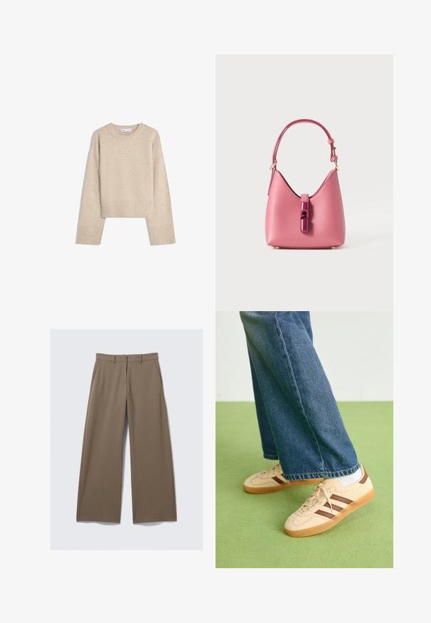 Beige cropped sweater made of soft knit material. Features a round neckline, long sleeves, and ribbed cuffs and hem for added texture.; White short-sleeve button-up shirt made of lightweight fabric, featuring a pointed collar and a single chest pocket with a rounded hem.; Brown pinstriped wide-leg trousers with a smooth texture and classic design, featuring a waistband and front pleats for tailored fit.; Beige sneakers with textured cream panels and brown stripes, paired with blue denim jeans. The jeans have a wide leg and frayed hem.; Pink leather handbag with a structured shape, featuring a glossy accent closure and a single adjustable strap. Textured finish with gold hardware.
