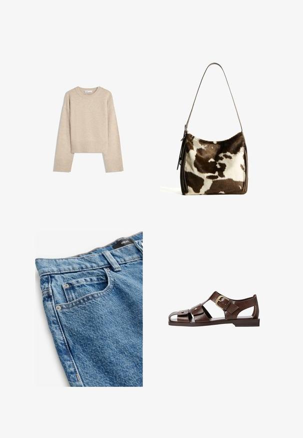 Beige lyhyt villapaita, joka on valmistettu pehmeästä neulotusta materiaalista. Siinä on pyöreä kaula-aukko, pitkät hihat sekä ribbireunat ja helma, jotka lisäävät tekstuuria.; Denim-farkut keskisinisessä sävyssä, jossa on haalistunut pinta. Ominaisuuksiin kuuluu viisi taskua, kupariset niitit ja ommellut yksityiskohdat saumoissa.; Ruske nahkale sandale s izrezanim dizajnom, prilagodljivo sponko na strani in ravnim podplatom, z metalnimi detajli in odprtimi prsti.; Ruskea ja kerma cowhide-olkalaukku, jossa on sileä nahkahihna, vetoketju ja pehmeä, teksturoitu pinta, jossa on luonnollinen kuvio.