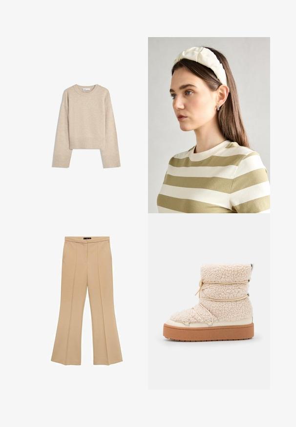 Beige zkrácený svetr vyrobený z měkké pleteniny. Má kulatý výstřih, dlouhé rukávy a žebrované manžety a lem pro větší texturu.; Béžové rozšířené kalhoty z hladkého materiálu, s předními puky a přizpůsobeným střihem, vysokým pasem a bez viditelných zapínání.; Objemná krémová ovčí kožešina kotníková bota s texturovaným povrchem, elastickými detaily a silnou hnědou platformou. Přítomné stříbrné kovové detaily.; Krémová polstrovaná čelenka s twist designem, doplněná béžovým a bílým pruhovaným tričkem s kulatým výstřihem. Jemné šperky.