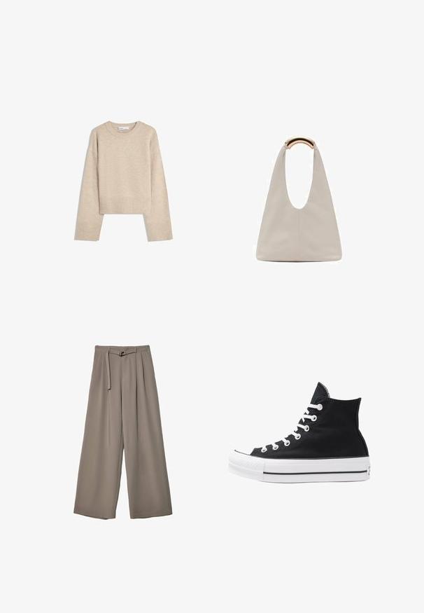 Beżowy, krótkie sweter wykonany z miękkiego materiału dzianinowego. Posiada okrągły dekolt, długie rękawy oraz prążkowane mankiety i dół, co dodaje mu tekstury.; Spodnie o szerokich nogawkach w miękkim, stonowanym szarym materiale, z paskiem w talii i plisami dla dodania detali projektowych. Gładka tekstura, bez wzorów.; Czarny wysokopodbiciowy sneaker z płótna, z białymi oczkami, sznurówkami i gumową podeszwą. Posiada teksturowany czubek oraz czarno-białe paski.; Jasnoszara skórzana torba o kształcie litery U z zakrzywionym metalowym uchwytem. Gładka tekstura z minimalnymi szwami i bez widocznych wzorów.