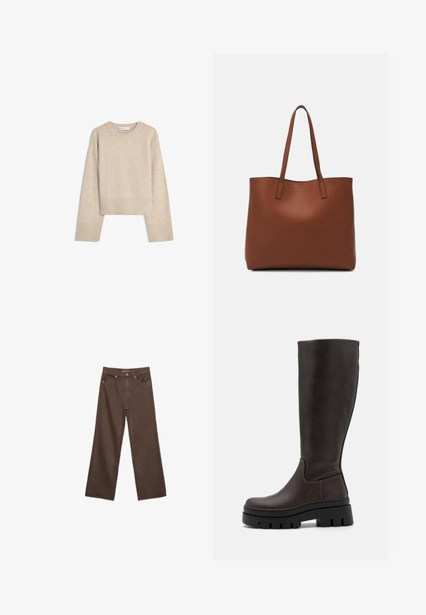 Bežani skraćeni pulover napravljen od mekog pletenog materijala. Ima okrugli izrez, duge rukave i rebraste manžete i porub za dodatnu teksturu.; Proširene smeđe traperice od denima, s visokim strukom, prednjim džepovima i klasičnom kopčom na dugme. Glatka tekstura s suptilnim šavovima.; Smeđe kožne čizme do koljena s debelim crnim platformama i minimalnim šavovima. Elegantan dizajn s glatkom površinom.; Smeđa kožna torba preko ramena s glatkom teksturom, otvorenim vrhom i dvjema naramenicama. Ima minimalne šavove i nema vidljivog hardvera.