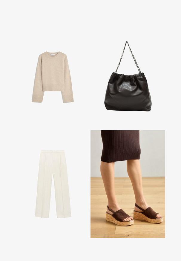 Bež pulover s kratkimi rokavi, izdelan iz mehkega pletenega materiala. Ima okroglo izrez, dolge rokave ter rebraste manšete in spodnji rob za dodatno teksturo.; Hlače širokih nogavic v svetli kremni barvi. Narejene iz gladkega materiala s plitkimi naborki spredaj in stranskimi žepi.; Rjave nubuk sandale na platformi iz plute z wedge peto in odprtim prstom. Imajo trak za peto s zlatim sponko. Talna površina je lesena.; Rjava usnjena torba z nabranim vrhom in verižnim trakom. Gladka tekstura z sijajno površino in subtilnimi šivi na straneh.