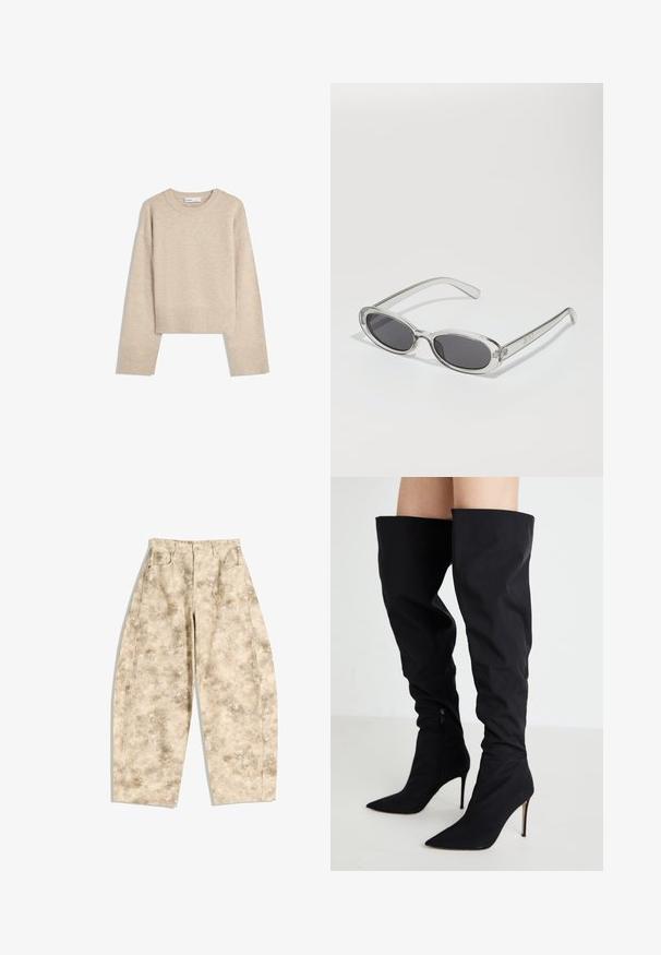 Bež pulover s kratkimi rokavi, izdelan iz mehkega pletenega materiala. Ima okroglo izrez, dolge rokave ter rebraste manšete in spodnji rob za dodatno teksturo.; Široke hlače z vzorcem v bež in rjavi barvi ter visokim pasom, ki imajo dva sprednja žepa in zaklep z gumbom. Teksturirano blago.; Črne nadkolenske škornje iz gladkega materiala, s podolgovatim nosom, visokim stiletto peto in stranskim zadrgo.; Sončna očala ovalne oblike, prozoren plastičen okvir, temno sivi leči in tanke prozorne roke z logotipnimi akcenti in minimalnimi detajli.; Olivnozeleni usnjeni ročni torbici z ohlapno obliko, ki ima različne velikosti okroglih izrezov in poudarke v temnejših in svetlejših odtenkih.