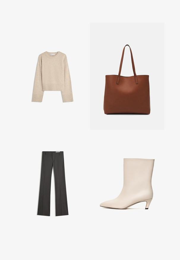 Pulover bej scurt, realizat din material tricotat moale. Are un guler rotund, mâneci lungi și manșete și tiv cu textură ribbed pentru un plus de stil.; Pantaloni gri evazați dintr-un material neted, cu un front plat, bucle pentru curea și un design ajustat cu linii curate.; Botine din piele bej cu vârf ascuțit și toc conic. Textură netedă, cu cusături minime și o siluetă elegantă.; Geantă de umăr din piele maro cu o textură netedă, design cu vârf deschis și două curele pentru umăr. Prezintă cusături minime și fără componente metalice vizibile.