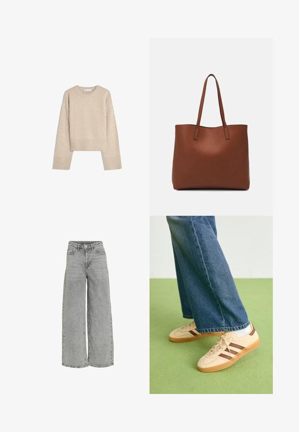 Bež pulover s kratkimi rokavi, izdelan iz mehkega pletenega materiala. Ima okroglo izrez, dolge rokave ter rebraste manšete in spodnji rob za dodatno teksturo.; Svetlo sivi traper široke hlače s visokim strukom, koje imaju dva prednja dzepa i suptilnu izbleđenu teksturu. Klasično dugme i zatvaranje na patentni zatvarač.; Bež teniske z teksturiranimi kremnimi paneli in rjavimi črtami, v kombinaciji z modrimi kavbojkami. Kavbojke imajo široke hlačnice in raztrgan rob.; Rjava usnjena torba z gladko teksturo, odprto zasnovo zgoraj in dvema naramnima trakovoma. Opremljena je z minimalnim šivanjem in brez vidnih kovinskih delov.