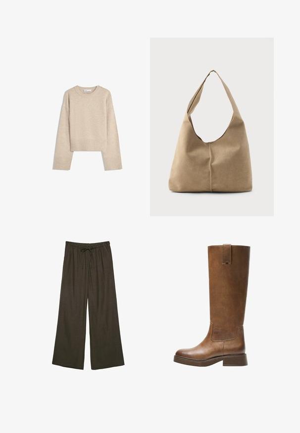 Beige cropped sweater lavet af blød strik. Har rund halsudskæring, lange ærmer samt ribbede manchetter og kant for ekstra tekstur.; Mørkebrune bukser med brede ben, elastisk talje og justerbar snor. Fremstillet af et blødt, let stof.; Brune læderknæhøje støvler med rund tå, struktureret overflade og en stabelt lav hæl. Har en sidepanel og en løftestrop øverst.; Hobo taske i blød beige ruskind med en afslappet form, bred skulderrem og håndsyet sømdetalje langs fronten.