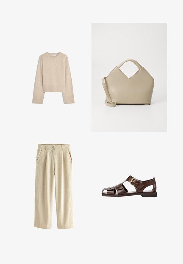 Bež pulover s kratkimi rokavi, izdelan iz mehkega pletenega materiala. Ima okroglo izrez, dolge rokave ter rebraste manšete in spodnji rob za dodatno teksturo.; Next BLEND WIDE LEG - Hlače - natural; Rjave usnjene sandale z izrezljanim dizajnom, nastavljivim stranskim sponko in ravnim podplatom, dekorirane z kovinskimi detajli in odprtim prstom.; Bežna strukturirana torbica s V-oblikovanim vrhom, iz gladke usnjene tkanine, s kratkimi ročaji in dolgim, nastavljivim trakom. Minimalističen dizajn.