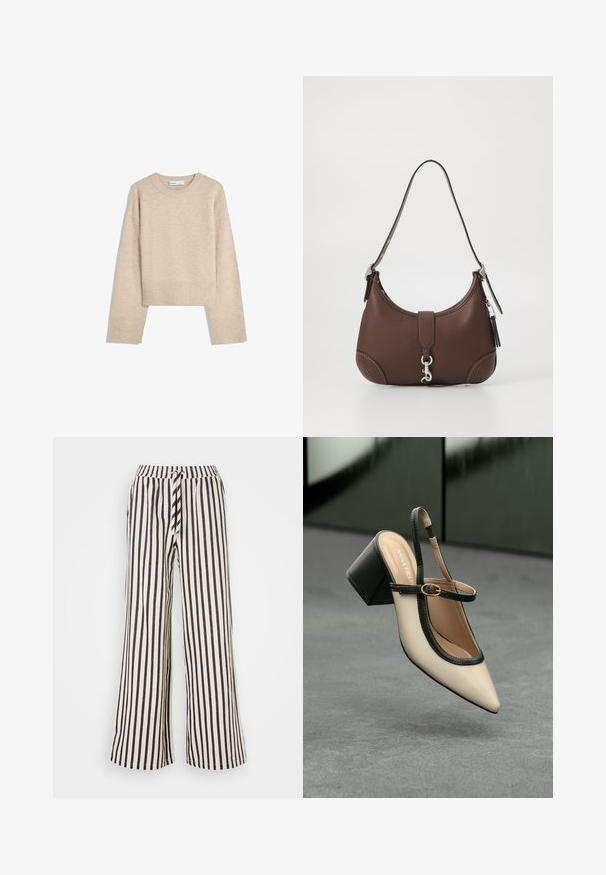 Béžový skrátený sveter vyrobený z mäkkého pleteného materiálu. Má okrúhly výstrih, dlhé rukávy a rebrované manžety a lem pre dodatočnú textúru.; Lollys Laundry PANTS - Nohavice - white/black; Béžová lodička so špicatou špičkou, s čiernym lemom, zlatou prackou a robustným blokovým podpätkom na šedom podlahe s tmavozeleným pozadím.; Hnedá kožená kabelka s zaobleným tvarom, striebornými kovovými doplnkami a dekoratívnym prešitím. Obsahuje ramenný popruh a uzáver na klip.