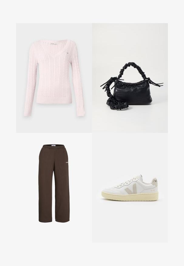 Gaiši rozā adīts džemperis ar V-veida kakla izgriezumu, garām piedurknēm, ribotām aprocēm un apakšmalu, ar teksturētu kabeļu rakstu visā virsmā.; Brahna sporta bikses ar elastīgu jostasvietu, ar taisnu kāju dizainu. Izgatavotas no mīksta materiāla ar nelielu baltu logotipa detaļu.; Baltas ādas sporta apavu pāris ar bēšiem zamša akcentiem, caurumiņu purngalā, plakanu šņorēšanu un teksturētu krēmkrāsas zoli. Iezīmējas ar diskrētu zīmolu uz papēža.; Melnā mākslīgās ādas rokassoma ar krokodila rakstu, savilkta augšdaļa un saburzīta siksna. Izskatās mīksta un kompakta pēc dizaina.