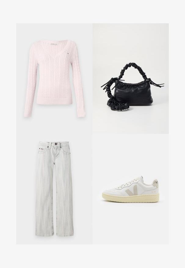 Light pink knitted sweater featuring a V-neck, long sleeves, ribbed cuffs, and hem, with a textured cable pattern throughout.; BDG Urban Outfitters KAYLA - Relaxed fit jeans - grey; White leather sneaker with beige suede accents, perforated toe box, flat laces, and a textured cream sole. Features subtle branding on heel.; Black faux leather handbag with a crocodile texture, cinched top, and a scrunched strap. Appears soft and compact in design.
