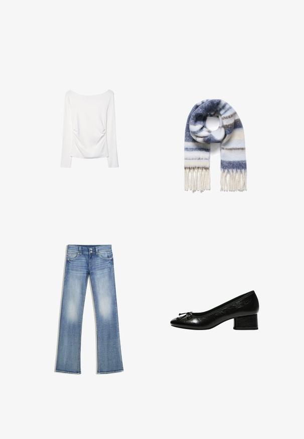 Gray cropped sweater made of soft knit fabric with a V-neckline, ribbed hem, and wide sleeves. Features a lightweight, textured appearance.; Long-sleeve white top featuring a wide neckline and gathered detail at the back. Smooth texture, form-fitting design.; Light blue denim jeans with a straight leg design, five pockets, two-button closure, and faded texture on the front and back.; Black patent leather pump with a rounded toe, small block heel, and bow accent on the front. Smooth texture with a glossy finish.; Soft wool scarf featuring blue, white, and gray stripes, with a fringed hem. The textures appear fuzzy and warm.; Tan leather handbag with two short handles, zip pocket, metal accents, and decorative side tassels. Soft texture with a slightly wrinkled finish.