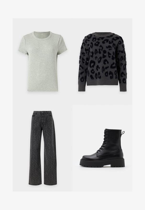 Gray sweater in soft fabric featuring a black leopard print, round neckline, and ribbed cuffs and hem. Textured patches add dimension.; Grey short-sleeve t-shirt with a round neckline, made of ribbed fabric. Smooth texture with a regular fit and minimal design.; Noisy May NMJANNEL LOOSE - Relaxed fit jeans - black denim; Black leather ankle boots with a round toe, lace-up front, and a thick rubber sole featuring a textured tread. Pull tab at the back.